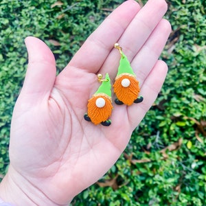 St Patricks Day Gnome Earrings | Polymer Clay Dangle Gnome Earrings | Leprechaun Gnome Statement Jewelry, Quirky Green Clove Earrings