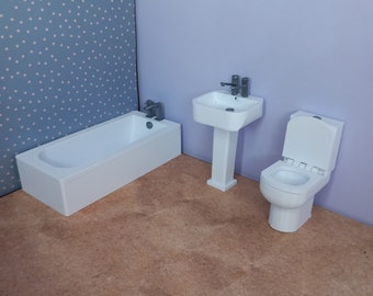 Dolls House 1:16 Bathroom Set, Matching Bath, Sink and Toilet.