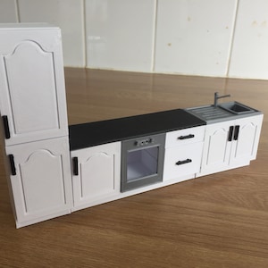 Dolls House Kitchen, Modern, Fitted Kitchen, either 1/12 or 1/16, fridge, freezer, oven, sink