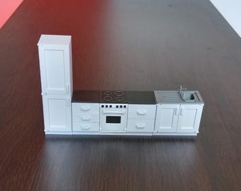 Dolls House 1:24 Kitchen, Modern Fitted Kitchen, fridge, freezer, oven, sink, range of colours