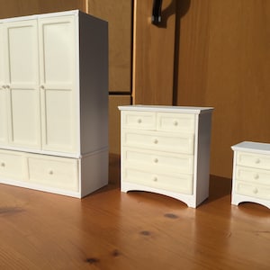 Dolls House Bedroom Furniture 1:12, large wardrobe, triple door with draw, bedside cabinet, chest of draws.