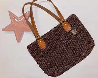 Handtasche, gehäkelt, handgearbeitet, mit PU-Ledergriffen