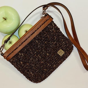 Shoulder bag, crocheted, tweed optics, handmade, with PU leather parts