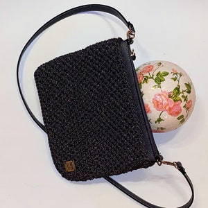 Shoulder bag, crocheted, with glitter, handmade, with PU leather parts