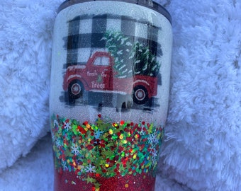 Cozy Christmas 20 oz with buffalo plaid and the red truck!!! Accented with Christmas glitter