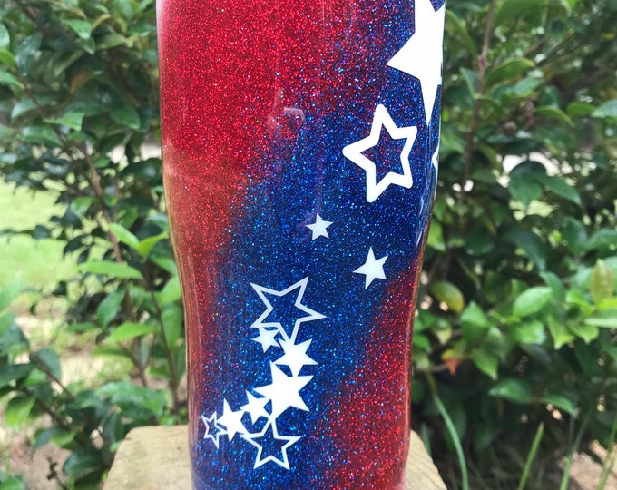 Red white and blue glitter, by the grace of God, epoxy stainless steel tumbler 20ounce curve, glitter tumbler, july 4th, glitter swirl