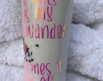 Mind wanders tumbler, goofy cow picture, halo graphic vinyl text on white pearl
