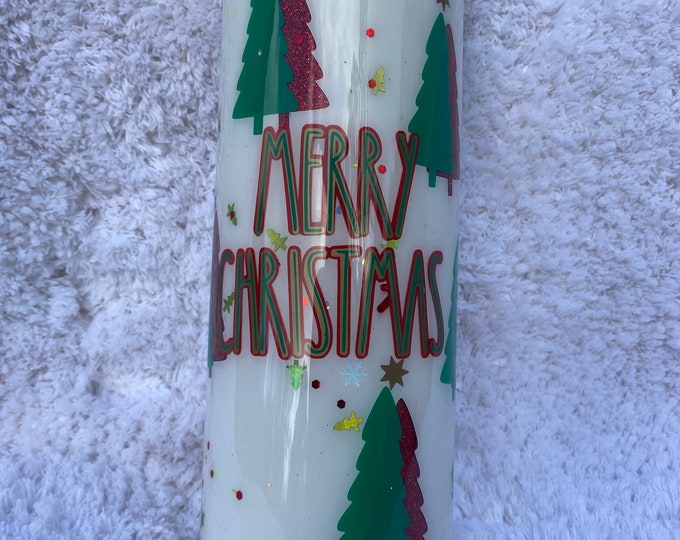 Merry Christmas!! Christmas tree peekaboo tumbler catches the Christmas Spirit, white over red glitter with Christmas glitter shapes
