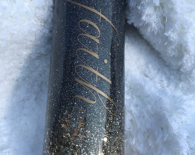 Black and gold glitter stainless tumbler with gold faith text