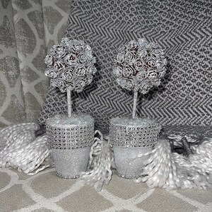 Silver Glitter Pine Cone Topiary,  Set of 2, Faux Pine Cones, GLAM Holiday Decor