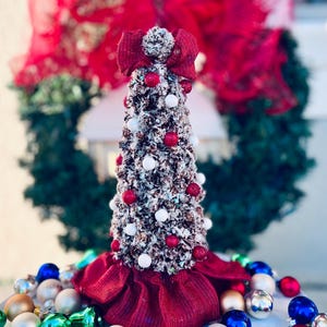 Pine Cone Christmas Tree, Snow Dusted Pine Cones, Christmas Tree Topiary with Tree Skirt