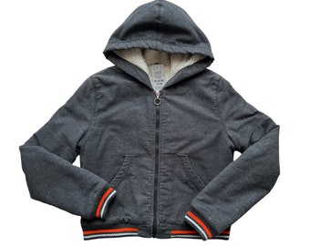 Y2K Sherpa Lined Cropped Bomber Jacket, Vintage Zip Up Hoodie Jacket, Streetwear Jacket, Cyber Y2K Clothing, Size Small