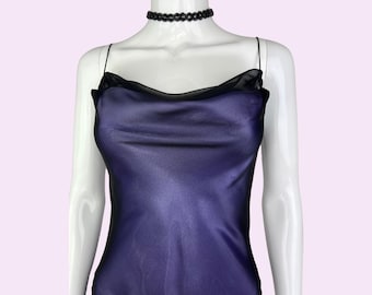 Robe longue coupe en biais vintage des années 90, robe longue en satin à col bénitier, robe superposée en mousseline de soie, robe de soirée pour bal de promo cocktail, robe nuisette violette