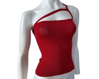 Vintage Y2K Red Asymmetric Knit Top, One Shoulder Cut Out Semi Sheer, Size Small