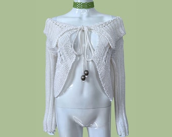 crochet bolero shrug, crochet shrug y2k,  white crochet shrug, tie front crochet top, crochet knit tie front cardigan, french vintage