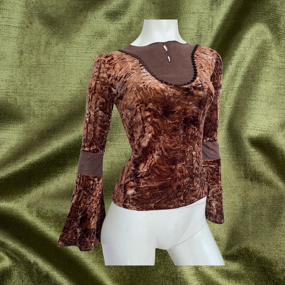 Y2K Tie Dye Bell Sleeve Crushed Velvet Top, Fairy Grunge Top, Pixie Clothing, Goblincore Whimsigoth Top, Boho Chic, Gypsy, French Vintage