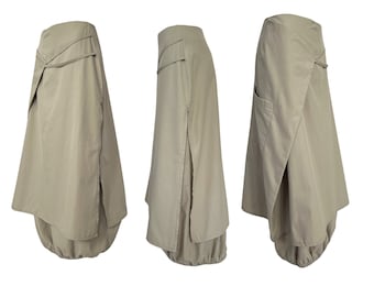 y2k beige parachute skirt, cargo skirt y2k, 00s nylon long wrap skirt, asymmetric maxi skirt, deconstructed, french vintage, y2k streetwear