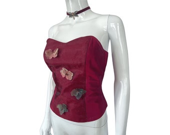 Haut corset en soie de l'an 2000, haut corset bustier vintage des années 00, bustier en soie, haut irisé, haut métallique, applique papillon 3D, taille M