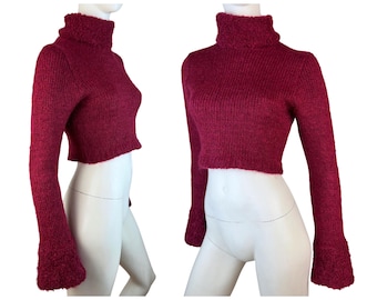 y2k burgundy mohair wool bell sleeve crop sweater, 2000s vintage turtleneck cropped knit sweater, wine red crop jumper, french vintage