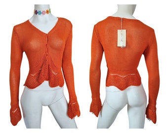 y2k oranje gebreide bolero, flare mouw bijgesneden bolero bolero, gehaakte bolero top, ruches vest schouderophalen, geschulpte rand top, dode inventaris y2k, s/m