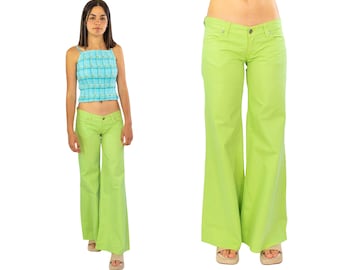 y2k low rise flare pants, wide leg flares, green flare pants, low waist flared trousers, deadstock pants