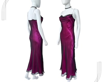 90s Vintage Bias Cut Maxi Slip Dress, Cowl Neck Satin Long Slip Dress, Chiffon Overlay Dress, Cocktail Prom Formal Gown, Pink Slip Dress