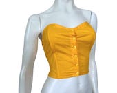 vintage y2k bustier corset top, strapless corset bustier, y2k shirred crop top, yellow bustier top, french vintage top, size small