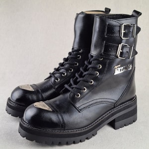 Vintage Unisex Black Leather Lace Up Combat Boots Size 5W PH 6-84 Biker Grunge Black 8 Eyelet Lace Up Military Combat 90s Vintage Grunge  main image 2