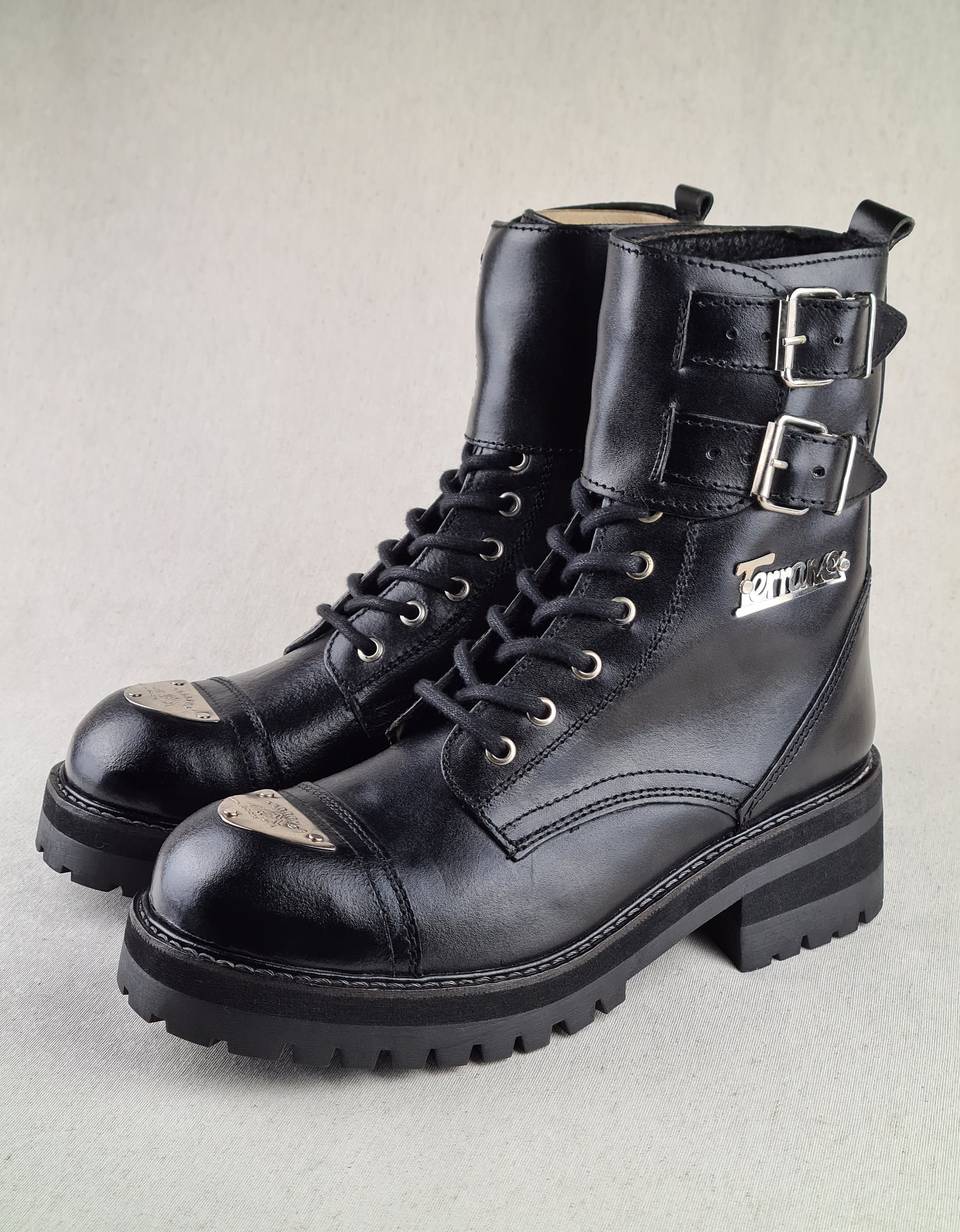 Vintage 90s Black Leather Lace up Combat Boots With Chunky