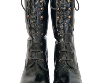 90s does 70s Black Platform Leather Boots, 90s Platform Boots Black, Chunky Wooden Heels, Leather Lace Up Boots, Deadstock, EUR 36 UK 3 US 5