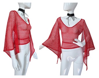 y2k fishnet crop top, see through top, bell sleeve top, mesh crop top, tie back top, french vintage, size small/medium