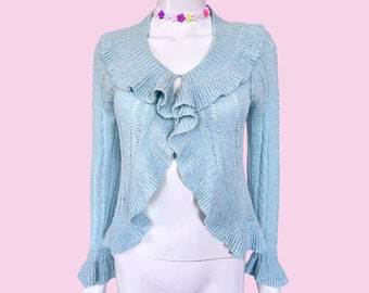 00s Y2K Ruffle Cardigan Shrug, 2000s Open Front Flare Sleeve Knit Cropped Bolero Shrug, Crochet Shrug Y2K, Blue Shrug, Scalloped Edge