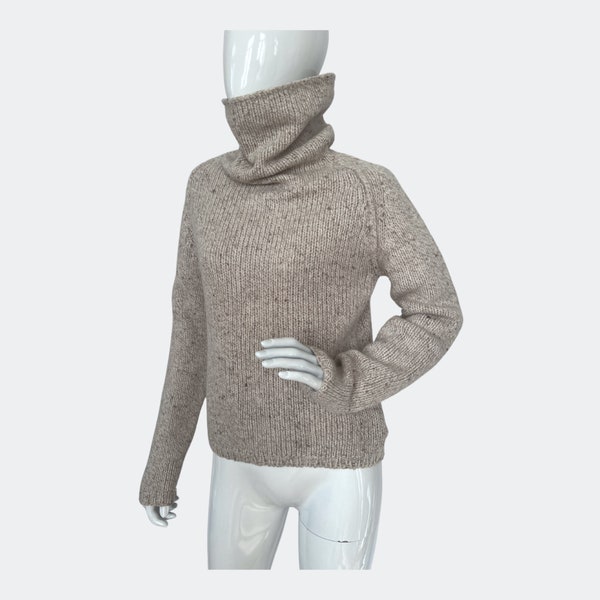 y2k wool knit roll neck sweater in speckled beige, vintage chunky knit jumper, y2k grunge sweater