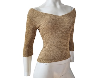vintage off shoulder three quarter sleeve knit top, y2k brown marl sweater top with V-neck and back, french vintage tops, size small-medium