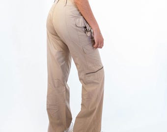 Y2K Tan Cotton Cargo Pants, Low Rise Utility Trousers, Streetwear Deadstock (28" Waist)