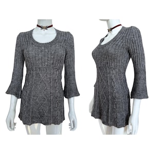 Suéter vintage com manga sino Y2K, suéter de lã mohair dos anos 2000, pulôver de malha mesclada cinza, suéter de ponto misto, vintage francês, pequeno