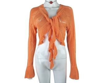 Y2K Ruffle Cardigan Shrug, 00s Tie Front Flare Sleeve Sheer Knit Cropped Bolero Shrug, Crochet Shrug Y2K, Orange Shrug, Size Small/Medium