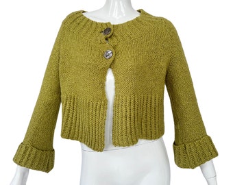 Vintage Y2K Lime Green Knit Shrug, Cropped Wool Cardigan, Chunky Knit Shrug, Bell Sleeve Cardigan, Green Knit Sweater, Size Small/Medium