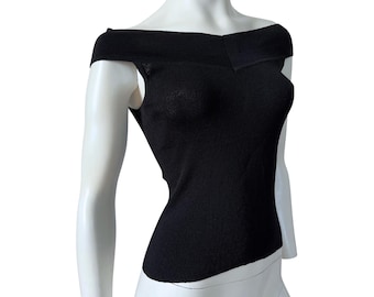 vintage y2k black off shoulder sleeveless knit top, V-neck front and back, semi-sheer top, small-medium