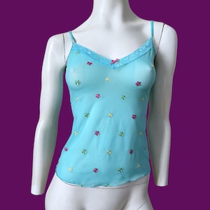 Vintage Blumen besticktes Mesh-Cami-Top, y2k transparentes Mesh-Oberteil, Spitzenbesatz, Feen-Top, Größe S-M