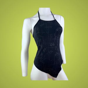vintage black asymmetric halter top, 2000s open back glitter top, party top y2, minimalist top, french vintage top, small/medium