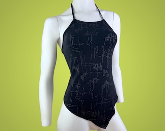 Top halter asimétrico negro vintage, top brillante con espalda abierta de los años 2000, top de fiesta Y2, top minimalista, top vintage francés, talla pequeña/mediana