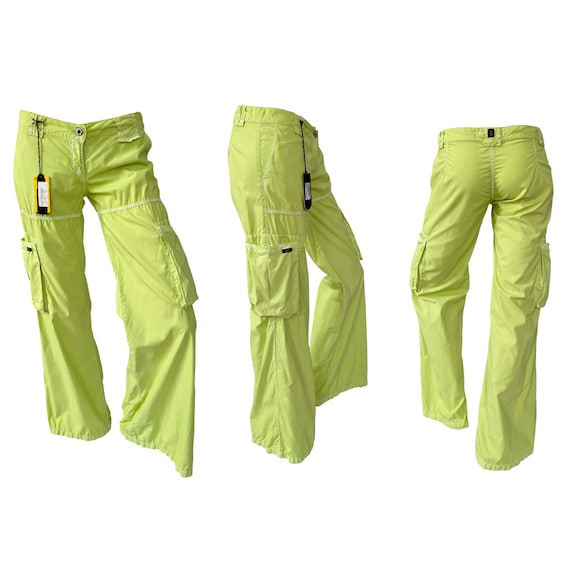 Y2K Green Low Rise Cargo Pants, Wide Leg Utility Pant… Gem