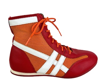Y2K Red Orange Boxing Boots, Vintage Lace-up High-top Sneakers