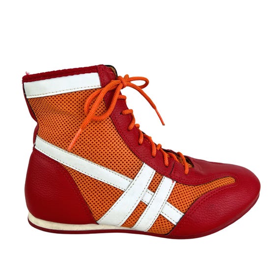Y2K Red Orange Boxing Boots, Vintage Lace-up High-top Sneakers