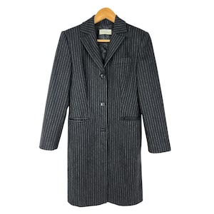 vintage 90s long wool blazer, charcoal pinstripe longline blazer, single breasted, made in Italy, size small