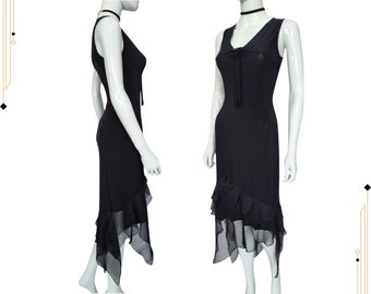 y2k vintage black asymmetrical bodycon party evening dress ruffled hem, french vintage dress, size small/medium