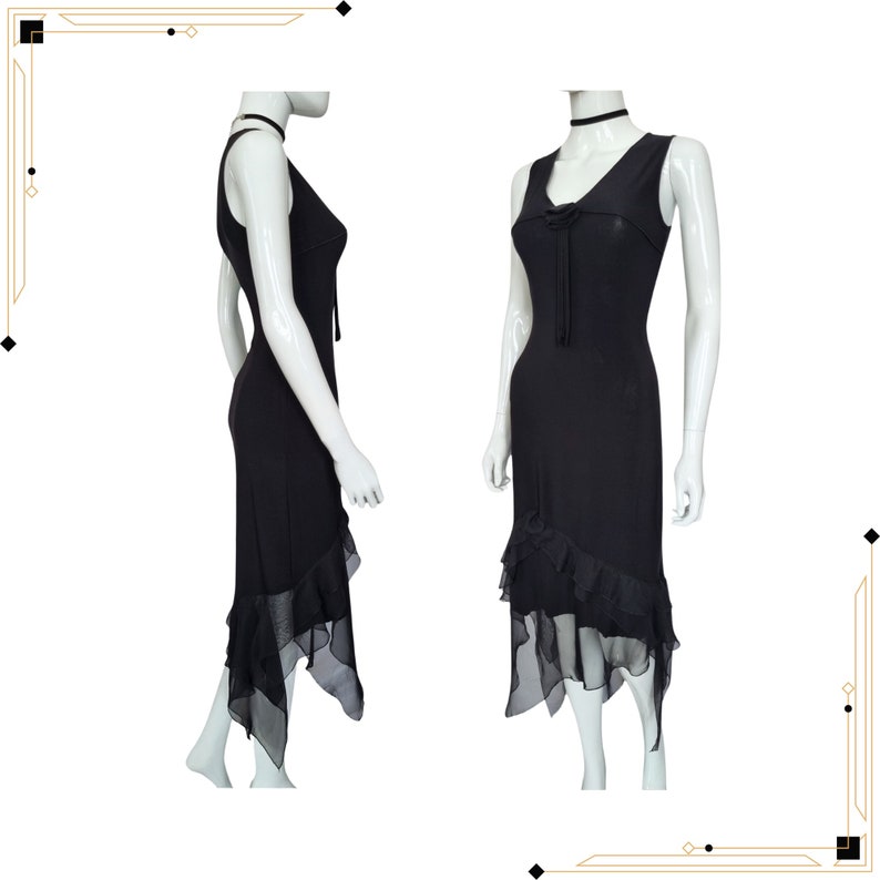 y2k vintage black asymmetrical bodycon party evening dress ruffled hem, french vintage dress, size small/medium zdjęcie 1
