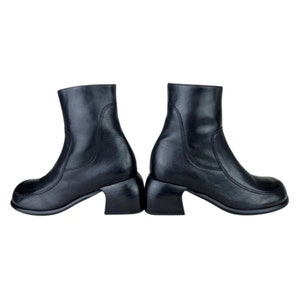90s Y2K Square Toe Leather Ankle Boots, Vintage 90s Block Heel Ankle Boots, Wooden Heels, Grunge, Indie, Deadstock 90s, EUR 35 UK 2.5 US 4.5