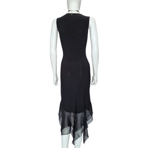 y2k vintage black asymmetrical bodycon party evening dress ruffled hem, french vintage dress, size small/medium zdjęcie 4